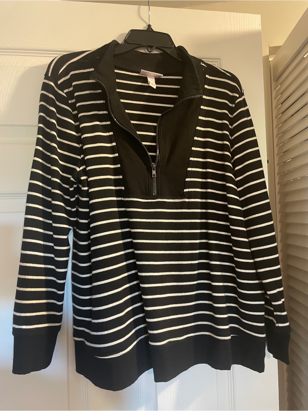 Isabel Maternity Black and White Striped Quarter-Zip Pullover